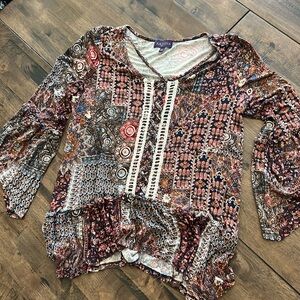 ARTESIA Boho Crochet & Lace Up Detail Mixed Print Asymmetrical Bell Sleeve Top S